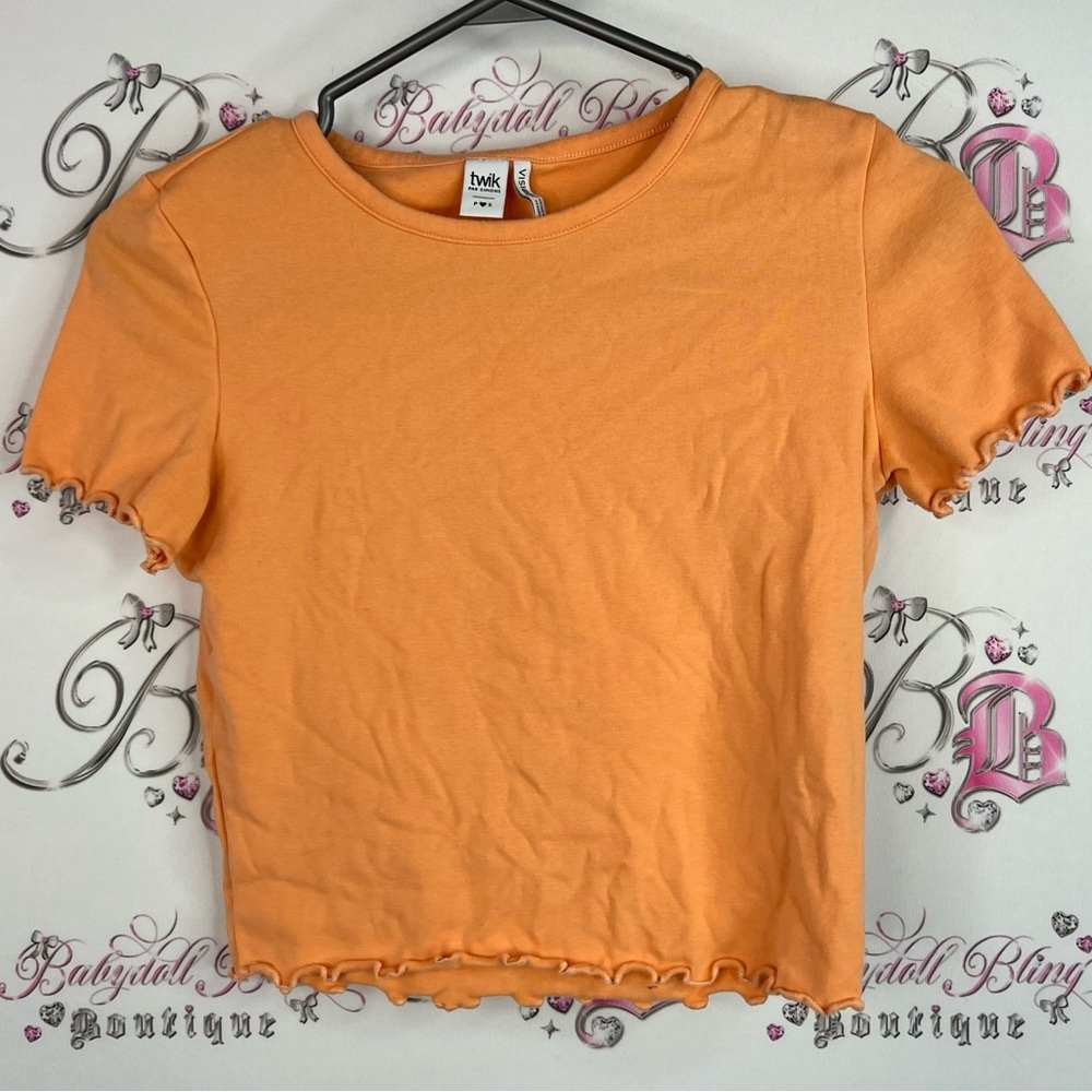 Twik tshirt tee ruffle edge hem frilly crop style bright Orange Crop Top